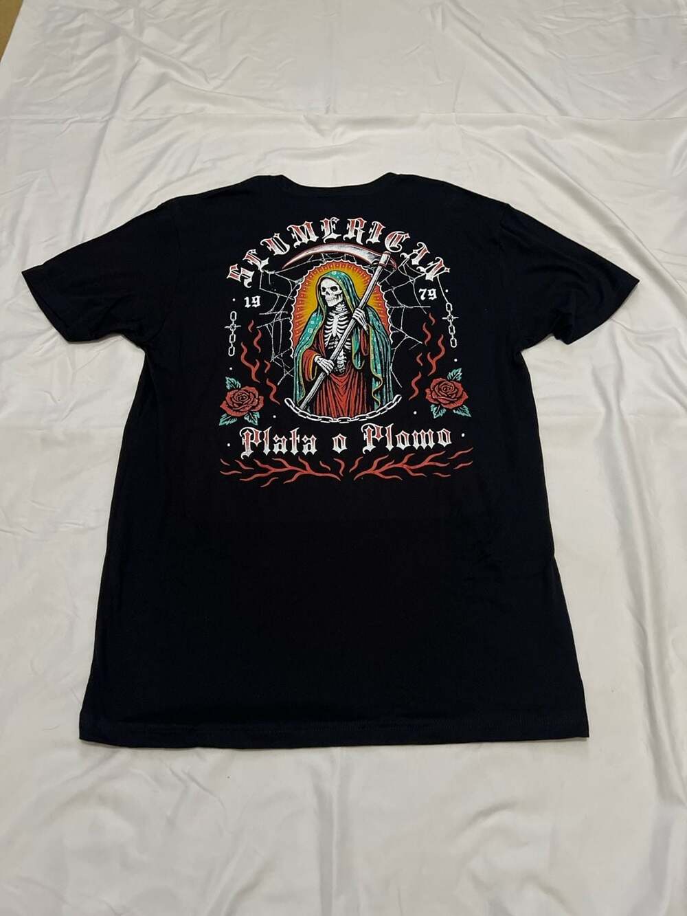 Slumerican Plata o Plomo Santa Muerte Skeleton Graphic T-Shirt Black Size L